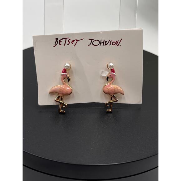 Betsey Johnson Red Hat Santa Flamingo Stud Earrings, PINK, 373135GLD650 New - Picture 3 of 7